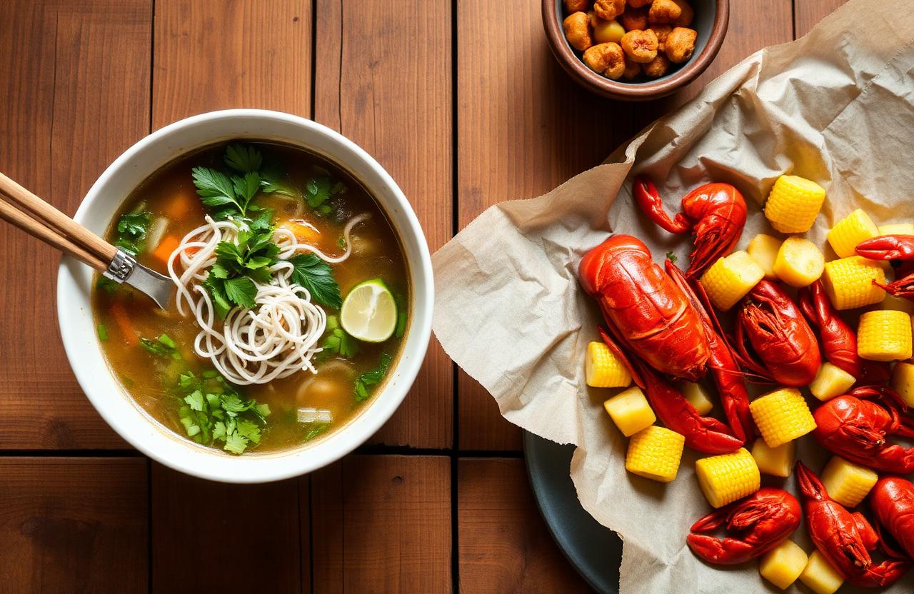 A bowl of Vietnamese phở next to an Oklahoma crawfish boil — two of Lesly's favorites